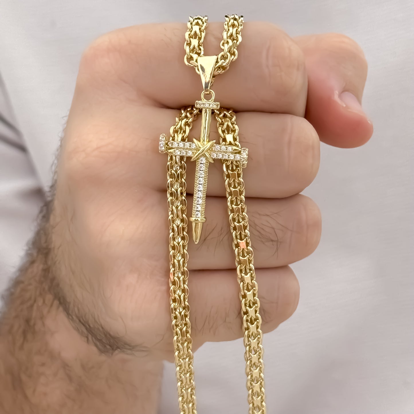 Cadena Tejido Chino de Hombre Gruesa de Hombre 60cm de 5mm + Cruz Clavo de micro circones en Oro Laminado 18k con Garantia de por vida