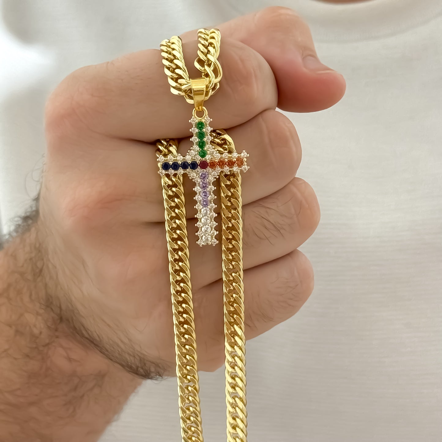 Cubana Cruzada Gruesa de 60cm + Cruz Circones de Colores en Oro Laminado 18k con Garantia de por vida