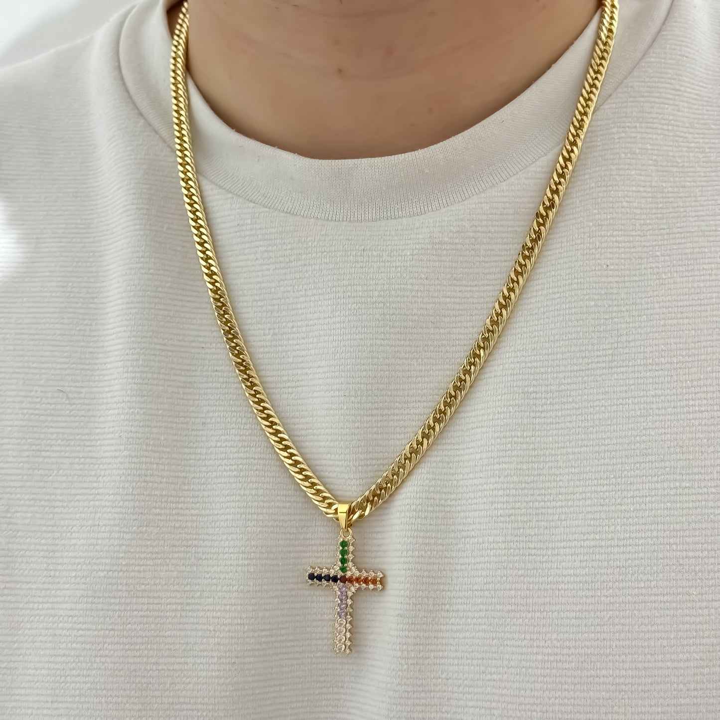 Cubana Cruzada Gruesa de 60cm + Cruz Circones de Colores en Oro Laminado 18k con Garantia de por vida
