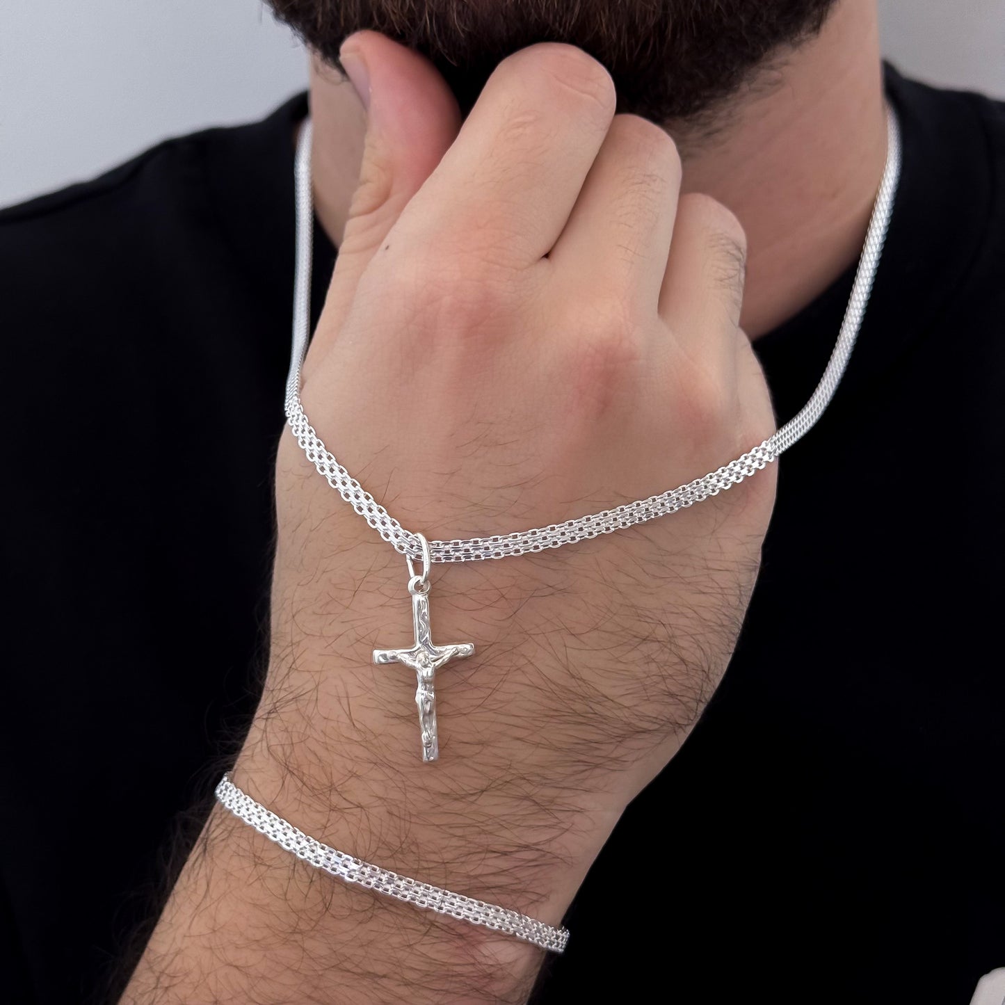 Cadena Tejido Chino de Hombre de 60cm de 4mm + Dije de Cristo Madero Proteccion + Pulsera Tejido Chino de 20cm de 4mm en Plata 925 con Garantía