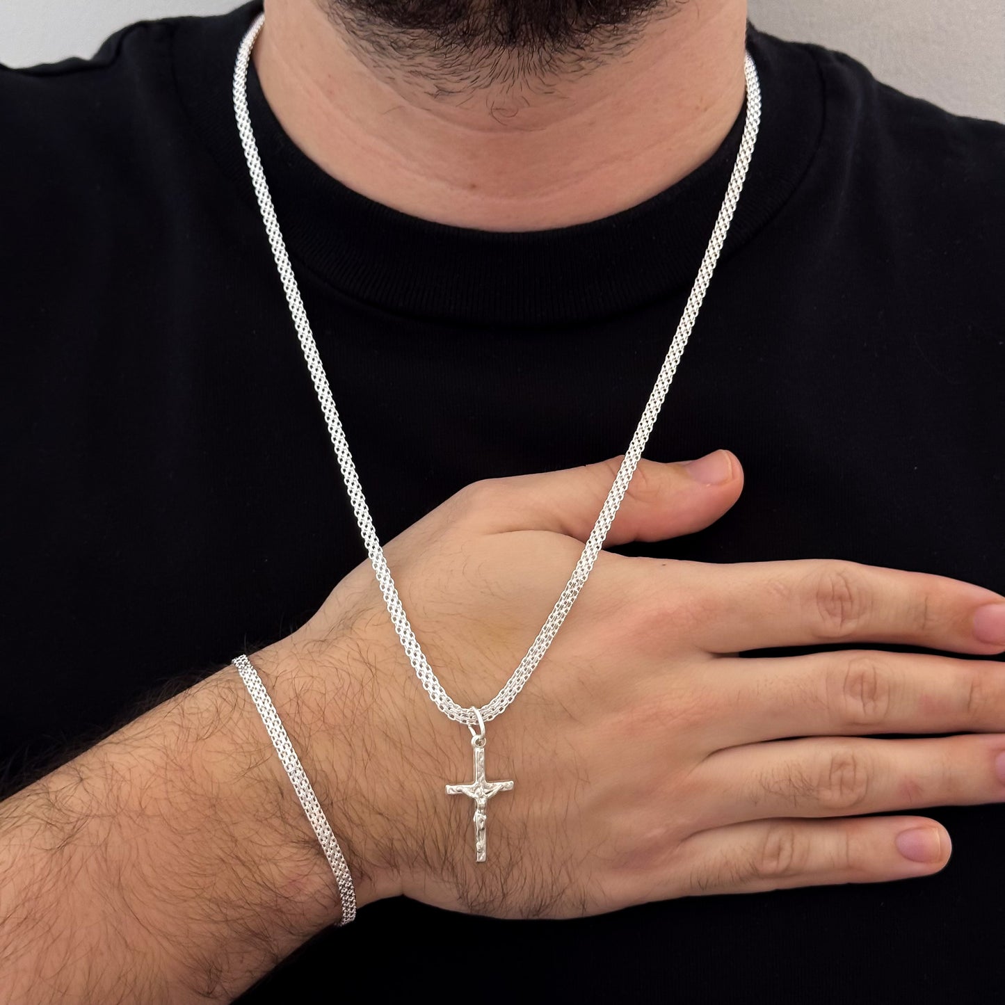 Cadena Tejido Chino de Hombre de 60cm de 4mm + Dije de Cristo Madero Proteccion + Pulsera Tejido Chino de 20cm de 4mm en Plata 925 con Garantía