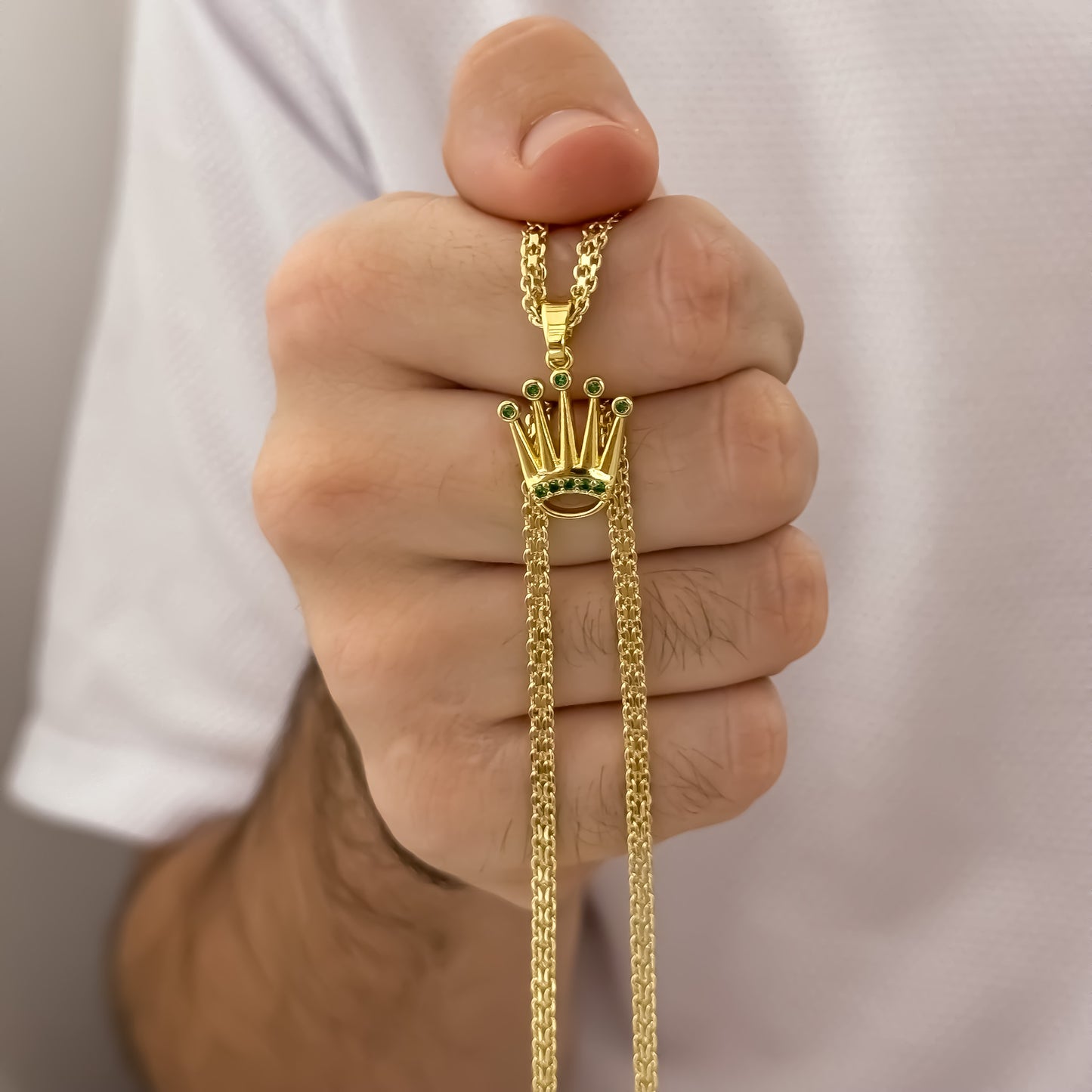 Cadena Tejido Chino de Hombre de 60cm de 4mm + Dije de Corona Rolex con Micro Circones Cristales Verde Esmeralda en Oro Laminado 18k con Garantia de por vida