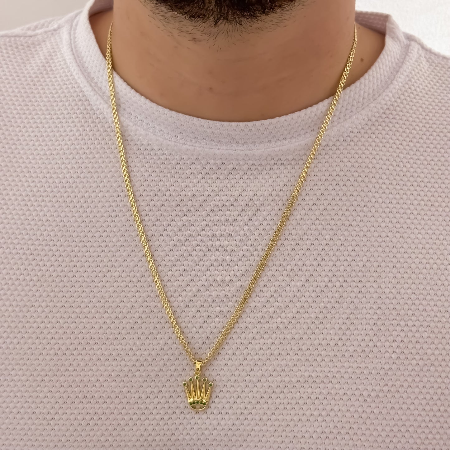 Cadena Tejido Chino de Hombre de 60cm de 4mm + Dije de Corona Rolex con Micro Circones Cristales Verde Esmeralda en Oro Laminado 18k con Garantia de por vida