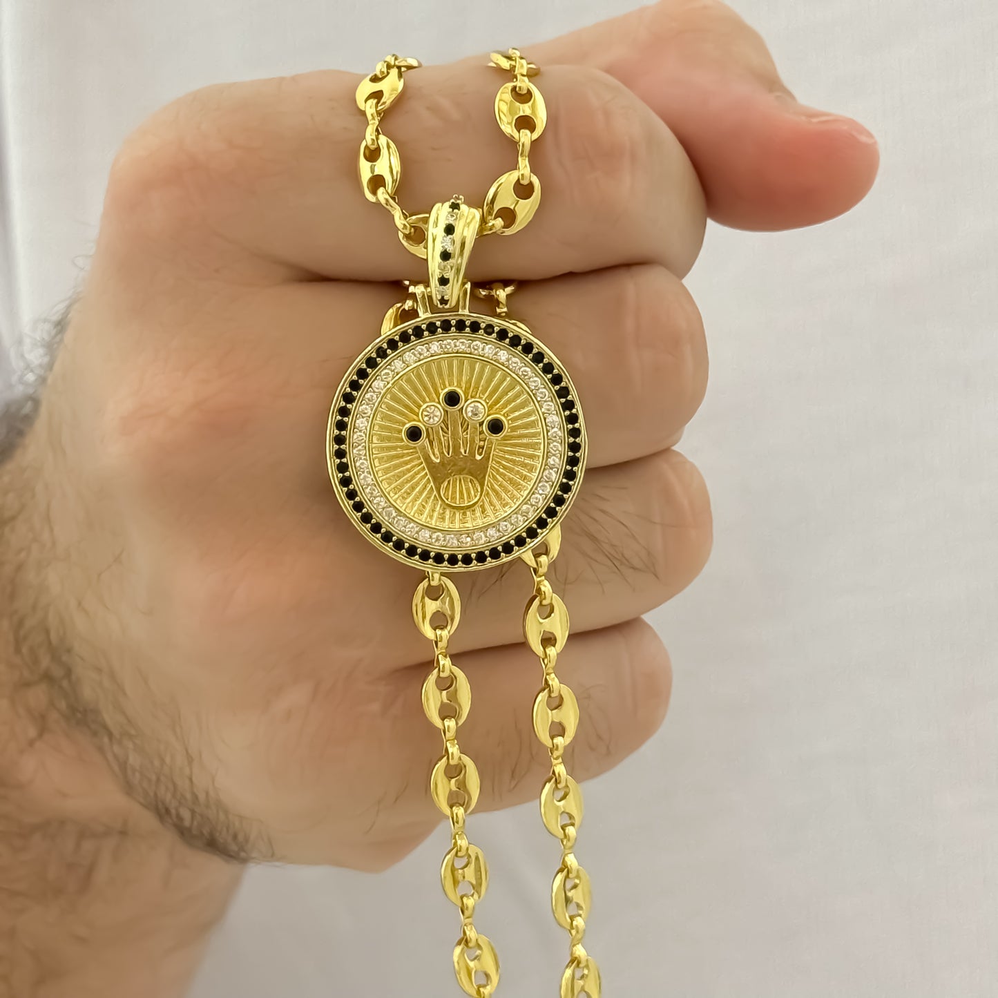 Cadena Tejido Gucci de Hombre 60cm + Dije de Corona Rolex con Micro Circones verde en Oro Laminado 18k con Garantia de por vida