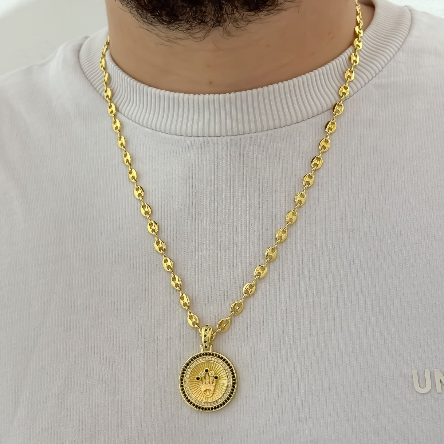 Cadena Tejido Gucci de Hombre 60cm + Dije de Corona Rolex con Micro Circones verde en Oro Laminado 18k con Garantia de por vida