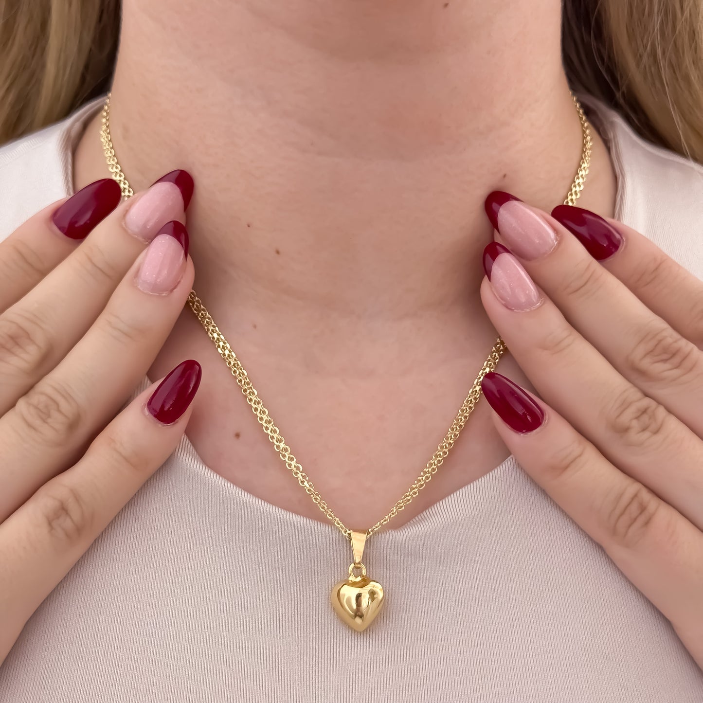 Cadena Tejido Chino de Dama de 45cm + Dije de Corazon Liso Mediano en Oro Laminado 18k con Garantia de por vida CDCDE6