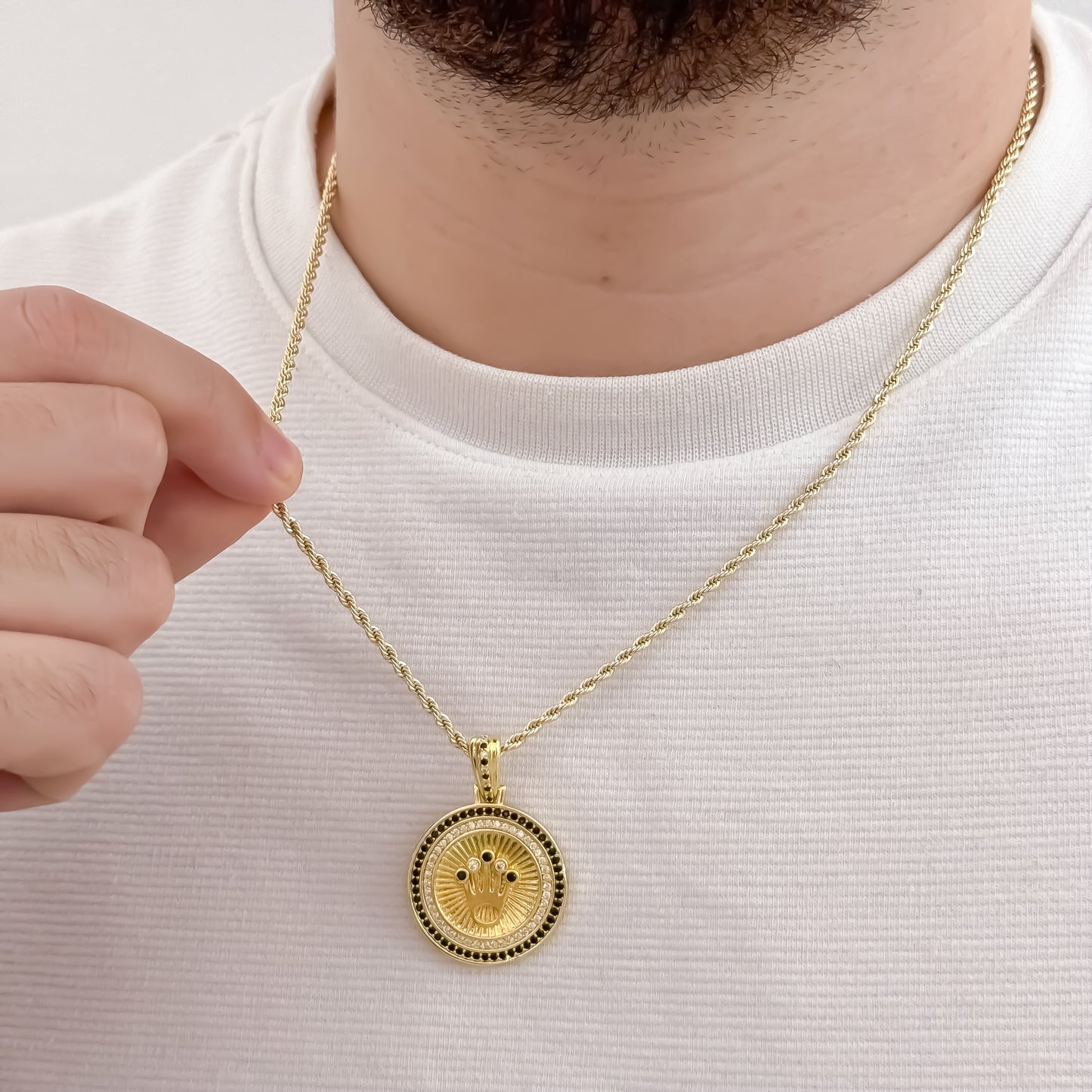 Cadena Tejido Lazo Siciliano de 60cm de 3mm de Grosor + Dije de Corona Rolex Verde Esmeralda con Micro circones cristales en Oro Laminado 18k con Garantia de por vida