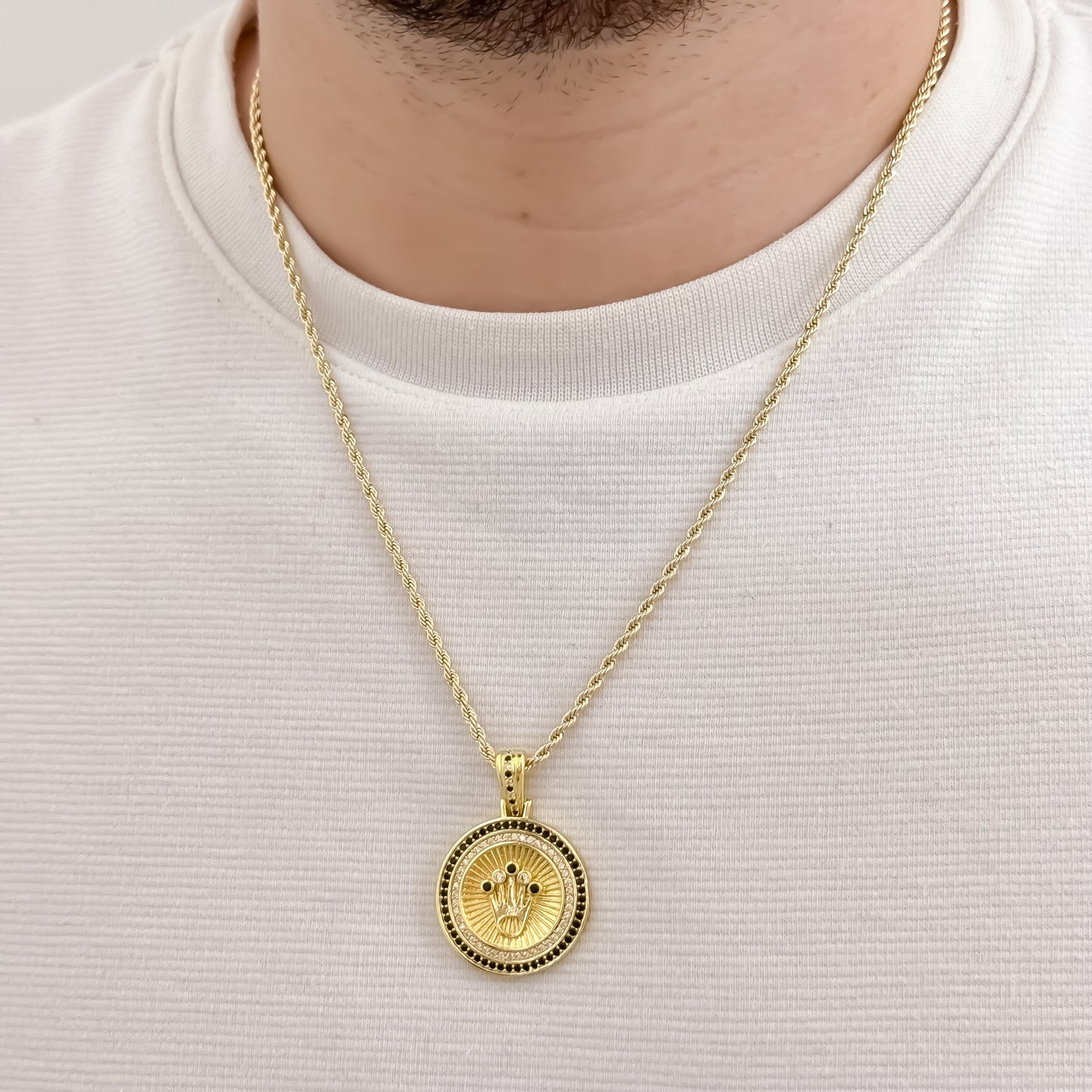 Cadena Tejido Lazo Siciliano de 60cm de 3mm de Grosor + Dije de Corona Rolex Verde Esmeralda con Micro circones cristales en Oro Laminado 18k con Garantia de por vida