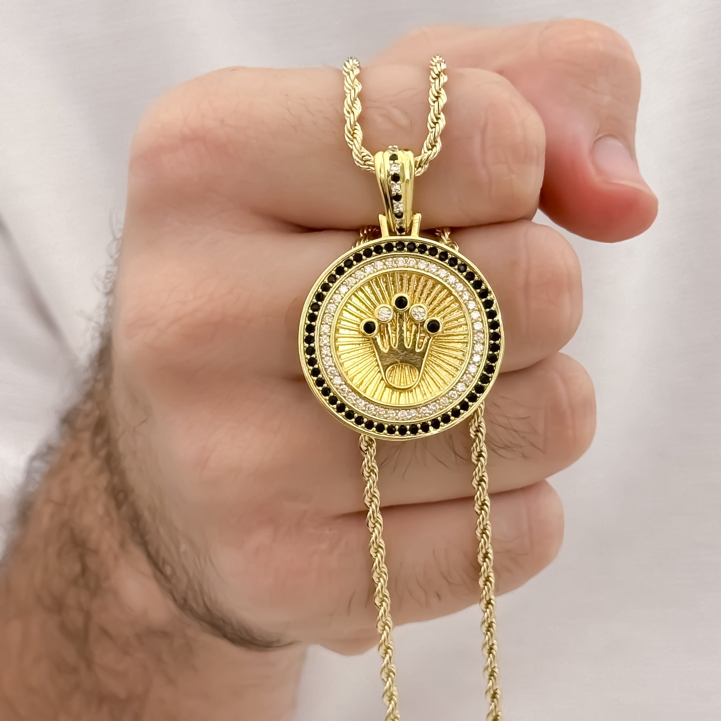 Cadena Tejido Lazo Siciliano de 60cm de 3mm de Grosor + Dije de Corona Rolex Verde Esmeralda con Micro circones cristales en Oro Laminado 18k con Garantia de por vida