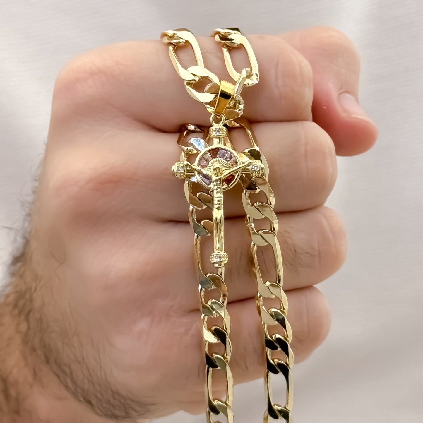 Cadena Tejido Catier Grueso 60cm de 5mm de Grosor + Cruz San Benito Proteccion con Micro crcones de colores en Oro Laminado 18k con Garantia de por vida