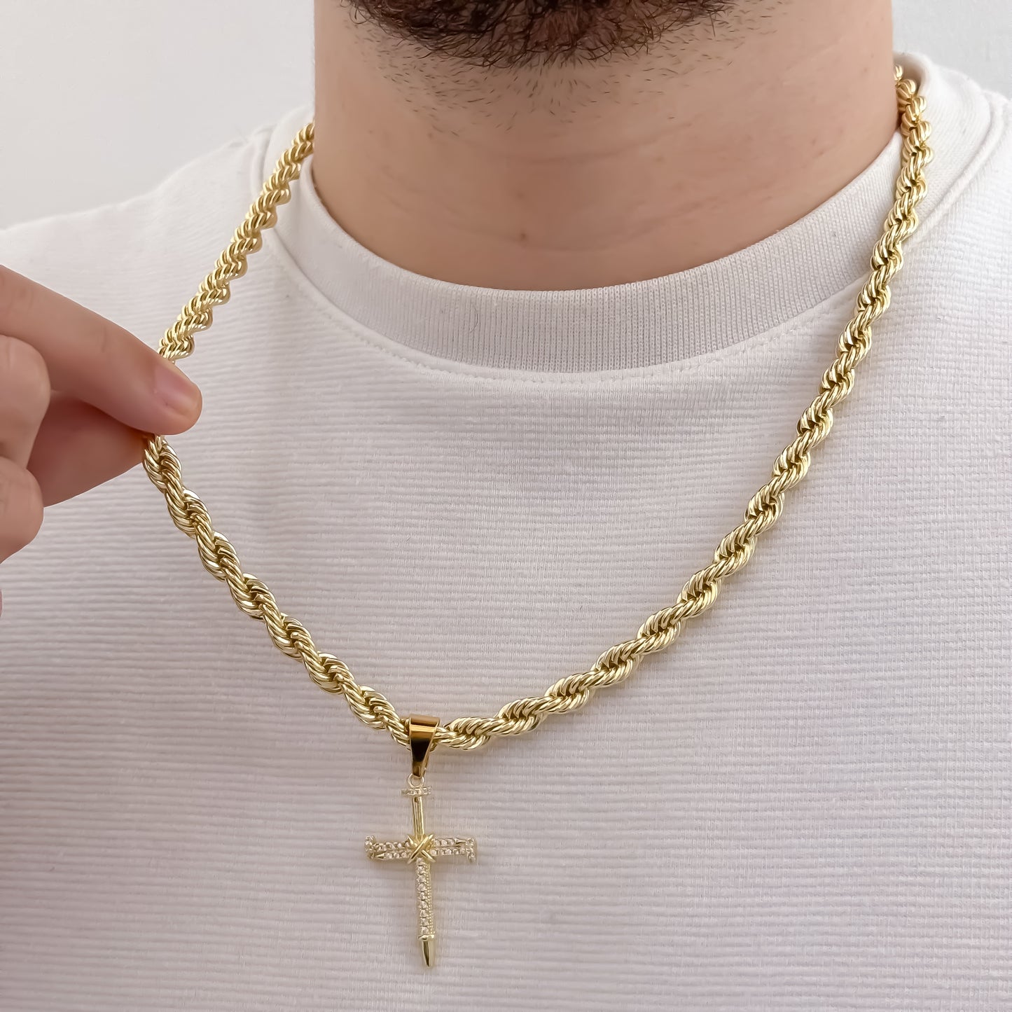 Cadena Lazo Siciliano de Hombre Gruesa de 60cm de 10mm de Grosor + Cruz Clavo con Micro circones cristales en Oro Laminado 18k con Garantia de por vida