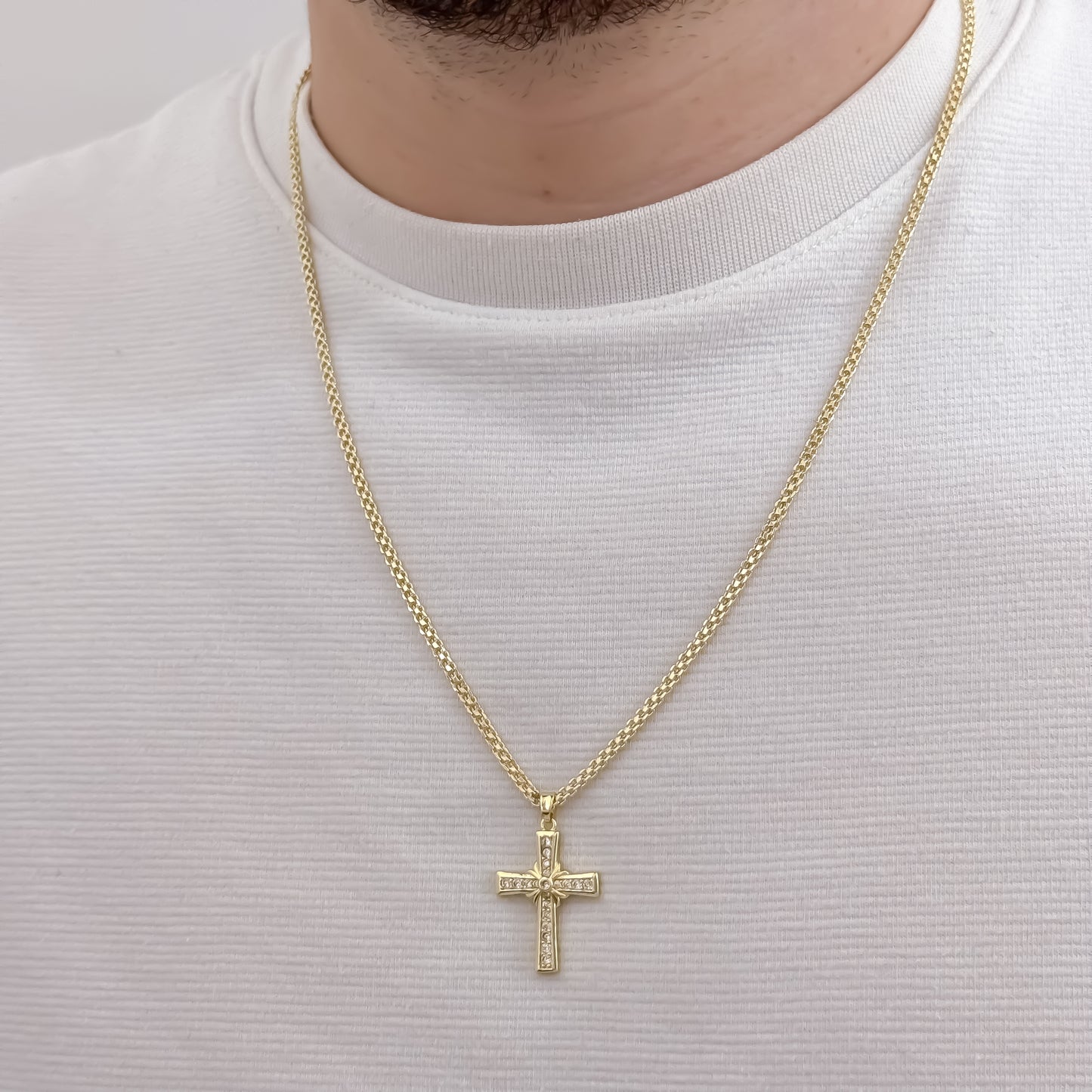 Cadena Tejido Chino de Hombre de 60cm de 3mm de Grosor + Cruz con micro circones cristales en Oro Laminado 18k con Garantia de por vida