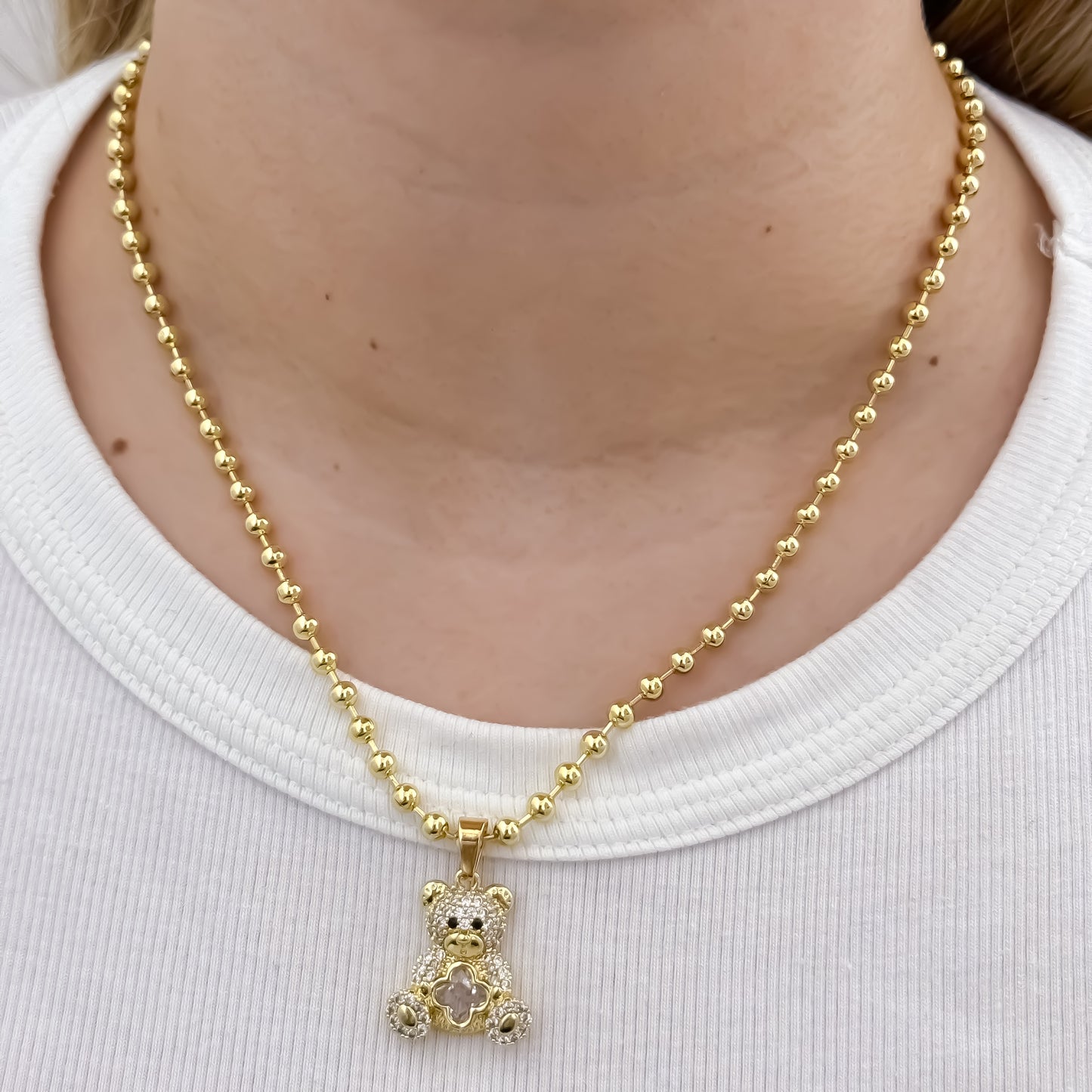 Cadena Tejido Militar de Dama de 45cm de 3mm de Grosor + Oso Ted con micro circones en Oro Laminado 18k con Grantia de por vida