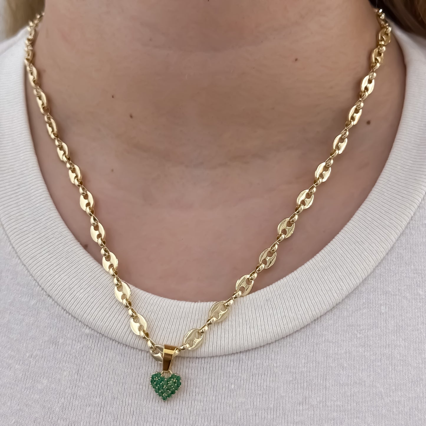 Cadena Tejido Gucci de Dama de 45cm de 3mm Grosor + Dije de Corazon Verde Esmeralda en Oro Laminado 18k con Garantia de por vida