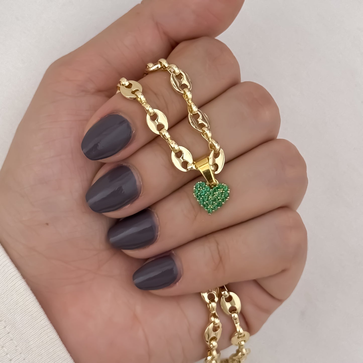 Cadena Tejido Gucci de Dama de 45cm de 3mm Grosor + Dije de Corazon Verde Esmeralda en Oro Laminado 18k con Garantia de por vida