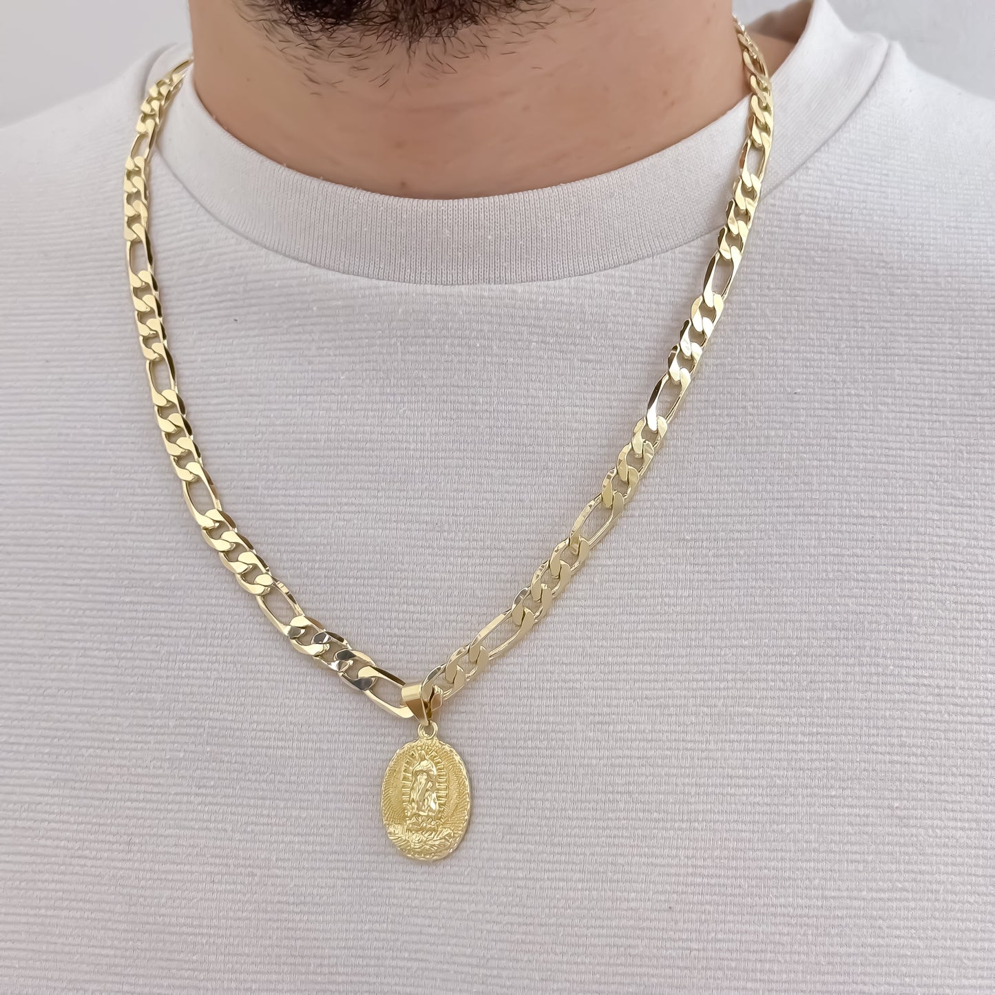 Cadena Tejido Catier Gruesa de 5mm de Grosor + Virgen Guadalupe Redonda en Oro Laminado 18k con Garantia de por vida