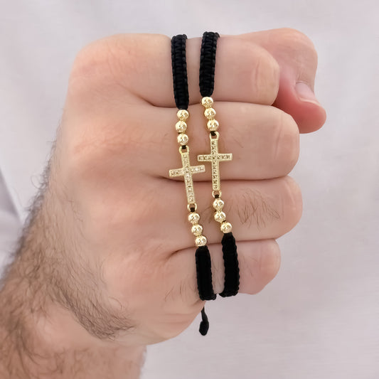 Pulseras Cruz Trebol  con Micro circones en  Balin Liso de 4mm en ORO Laminado 18k con Garantia de por vida mismo color de Oro de 18k