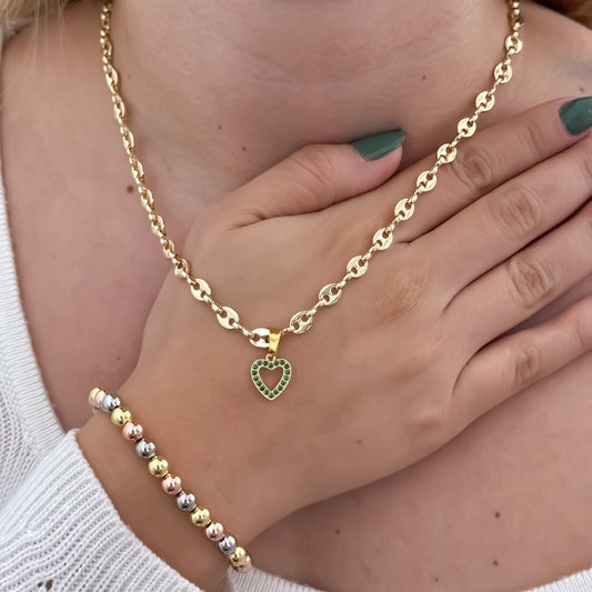 Cadena Tejido Gucci de Dama de 45cm de 3mm de Grosor + Corazon Verde Esmeralda con Micro circones + Pulsera de 3 oros en Balin de 6mm de Grosor en Oro Laminado 18k con Garantía de por vida con Mismo color de Oro de 18k