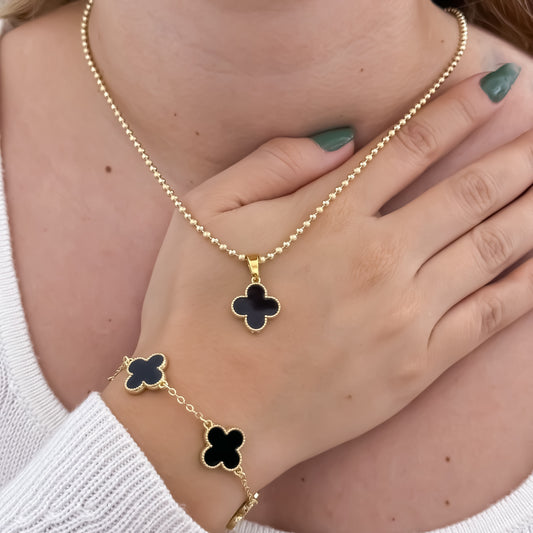Cadena Tejido Militar de Dama de 45cm  + Trebol Negro de la Suerte + Pulsera trebol Negro en Oro Laminado 18k con Garantía de por vida en oro de 18k