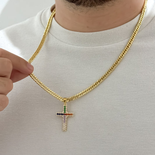 Cubana Cruzada Gruesa de 60cm + Cruz Circones de Colores en Oro Laminado 18k con Garantia de por vida