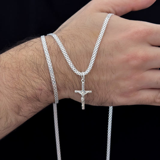 Cadena Tejido Chino de Hombre de 60cm de 4mm + Dije de Cristo Madero Proteccion + Pulsera Tejido Chino de 20cm de 4mm en Plata 925 con Garantía