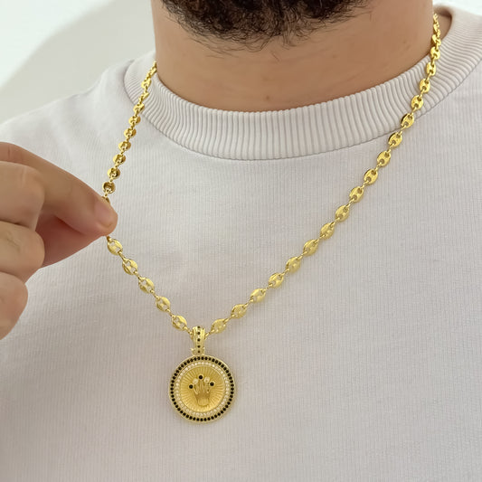 Cadena Tejido Gucci de Hombre 60cm + Dije de Corona Rolex con Micro Circones verde en Oro Laminado 18k con Garantia de por vida