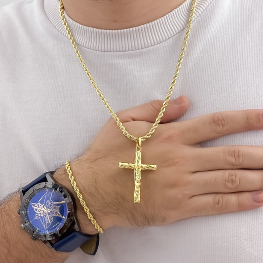 Juego de Cadena Lazo Grueso de Hombre de 60cm - 5mm de Grosor + Cruz Cristo Madero + Pulsera Lazo Gruesa de 20cm en Oro Laminado 18k con garantia de por vida + Reloj Diesel Original Garantizado