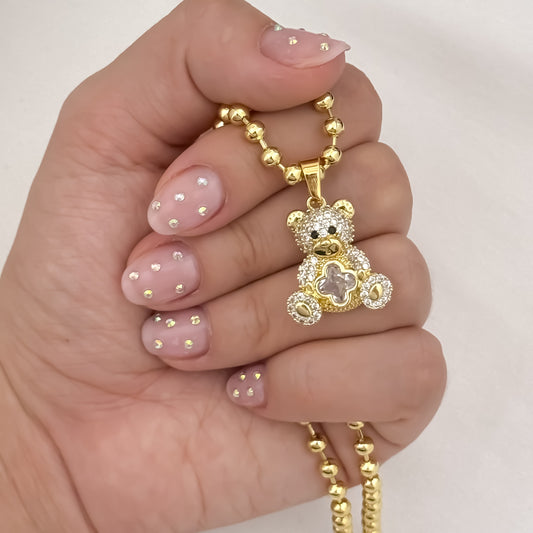 Cadena Tejido Militar de Dama de 45cm de 3mm de Grosor + Oso Ted con micro circones en Oro Laminado 18k con Grantia de por vida