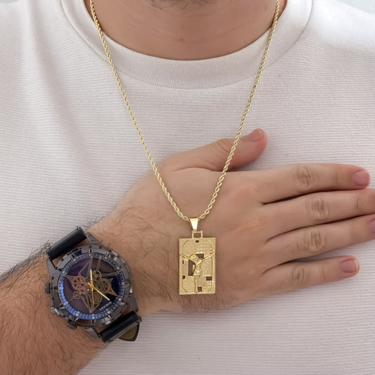 Juego de cadena Lazo Siciliano de Hombre de 60cm de 3mm de Grosor + Dije de Placa con cristo Madero en Oro Laminado 18k con Garantia de por vida + Reloj Original DIESEL con Garantía       LDCR66