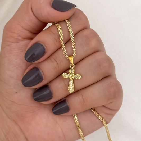 Cadena Tejido Chino de Dama de 45cm de 3mm de Grosor + Dije de Cruz Trebol mediano con micro  circones en oro laminado 18k con Garantia de por vida