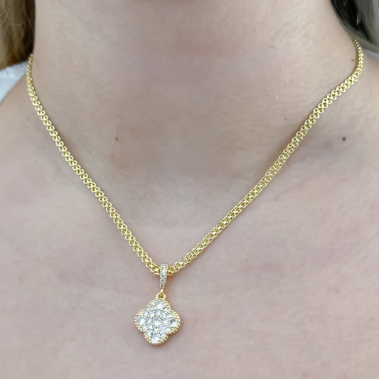Cadena Tejido Chino de Dama de 45cm + Dije de Trebol de micro circones de buena suerte en oro Laminado 18k con garantia de por vida