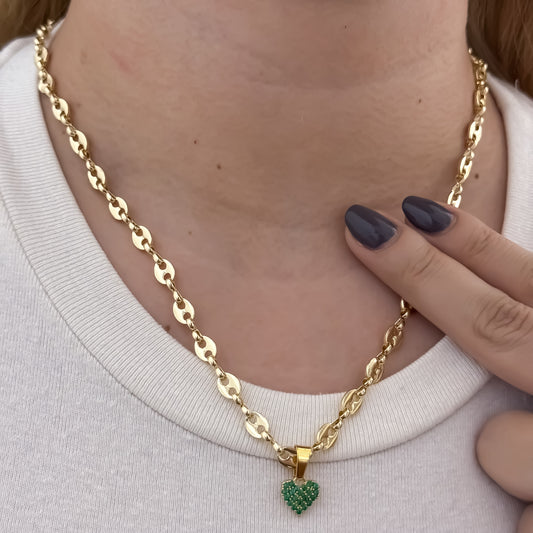 Cadena Tejido Gucci de Dama de 45cm de 3mm Grosor + Dije de Corazon Verde Esmeralda en Oro Laminado 18k con Garantia de por vida